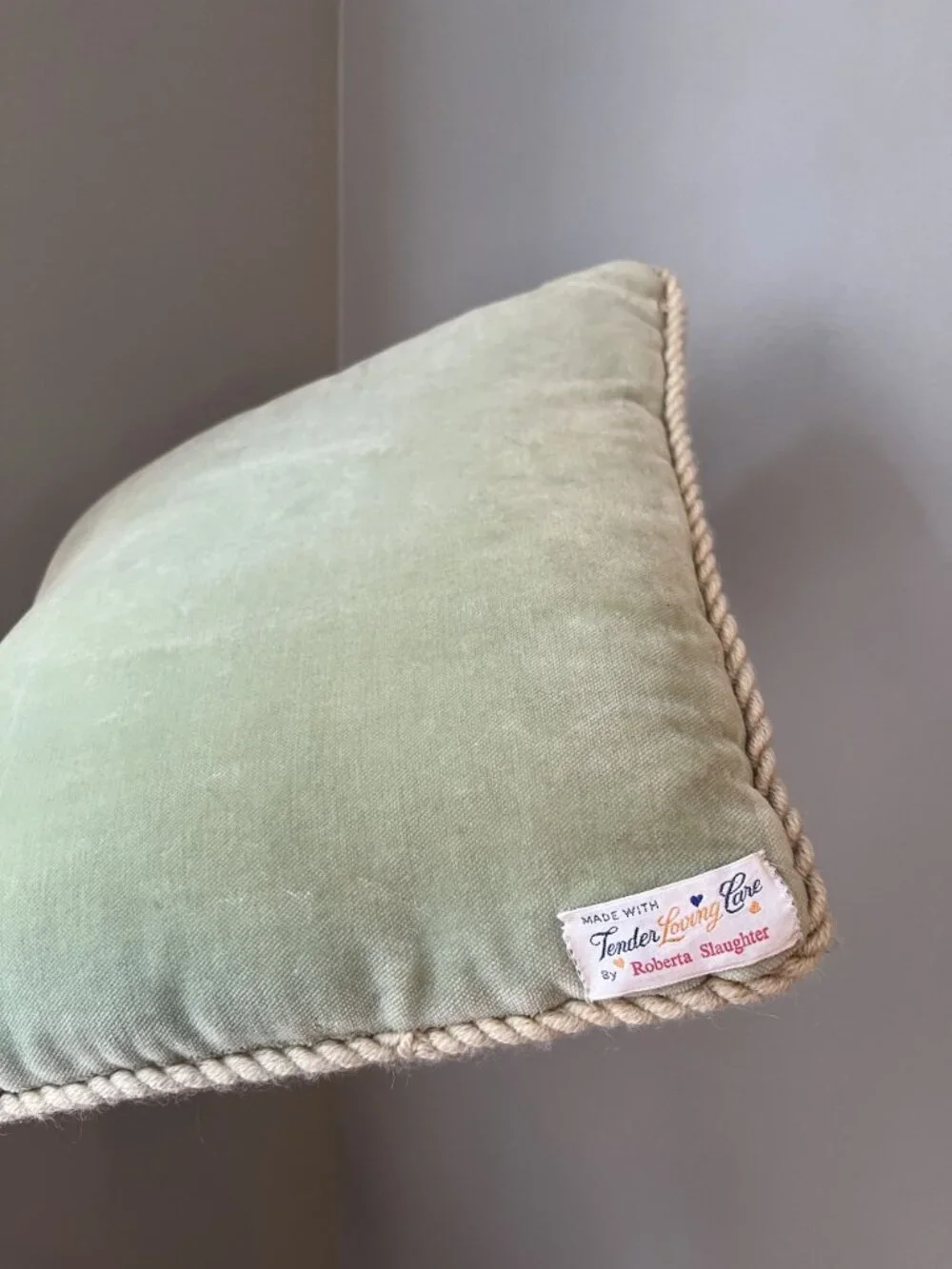 Vintage Floral Needlepoint Throw Pillow With Rope Trim & Green Velvet 12
